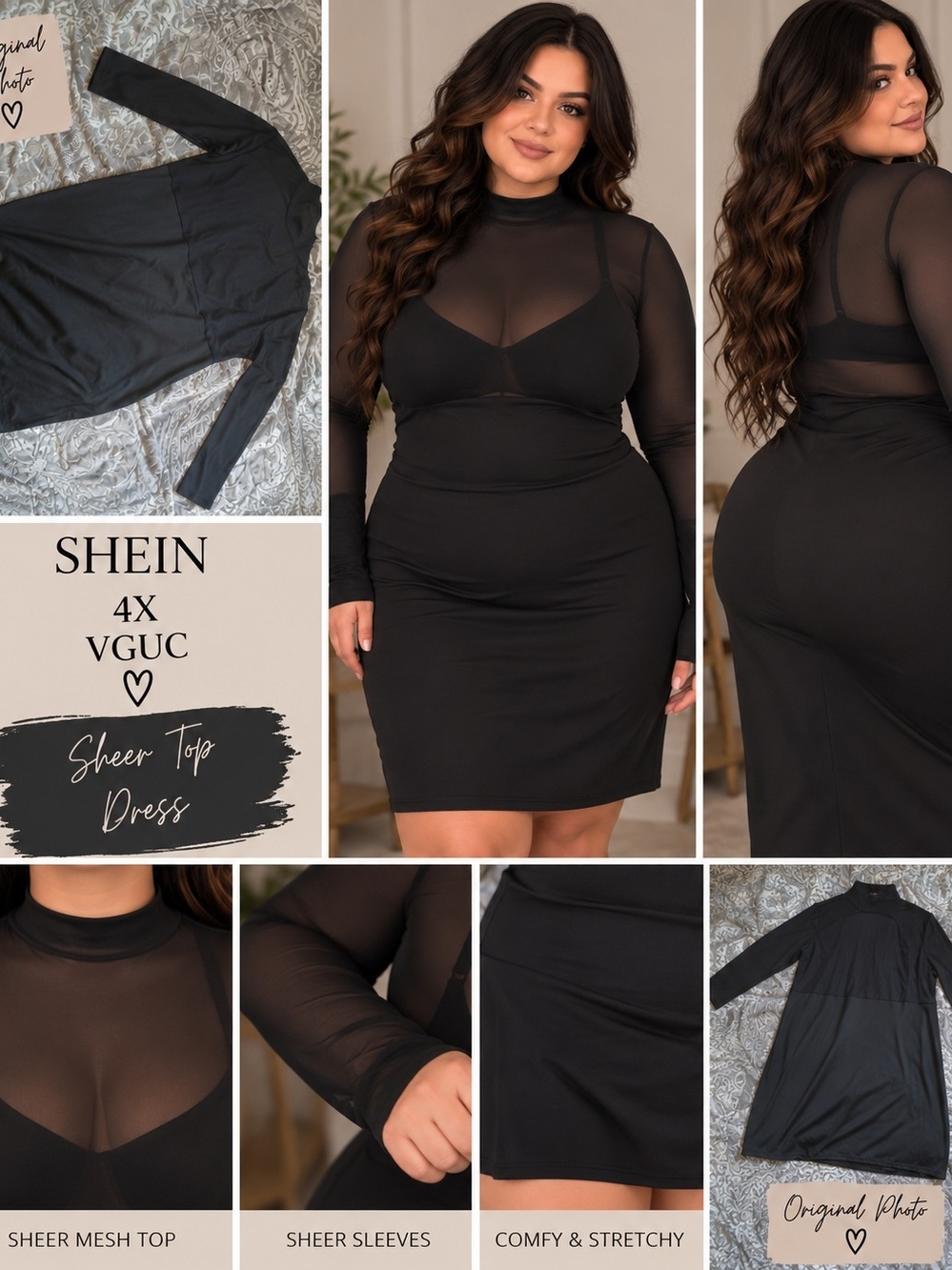 SHEIN Black Sheer Mesh Long Sleeve Bodycon Dress